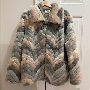 Show Me Your MuMu Chevron Faux Fur Jacket - Gray, Cream, Tan